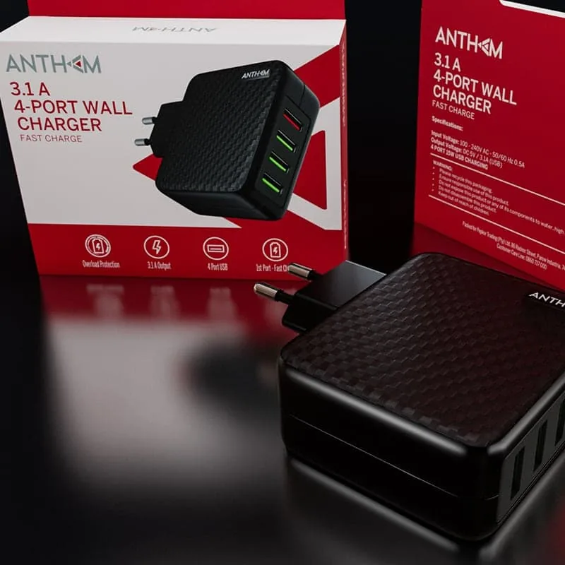 Anthem 4-port USB wall charger packaging – red variant