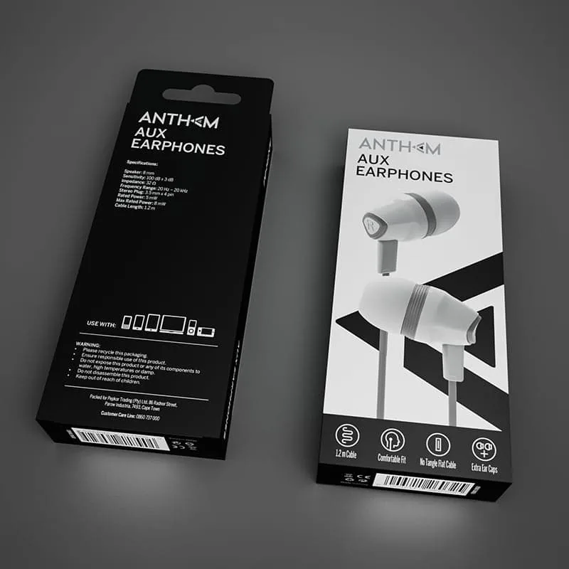 Anthem earphone packaging – purple design with sports branding