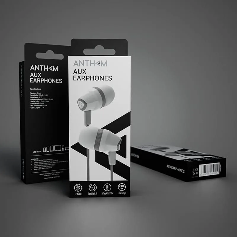Anthem earphone packaging – angled view of box pair
