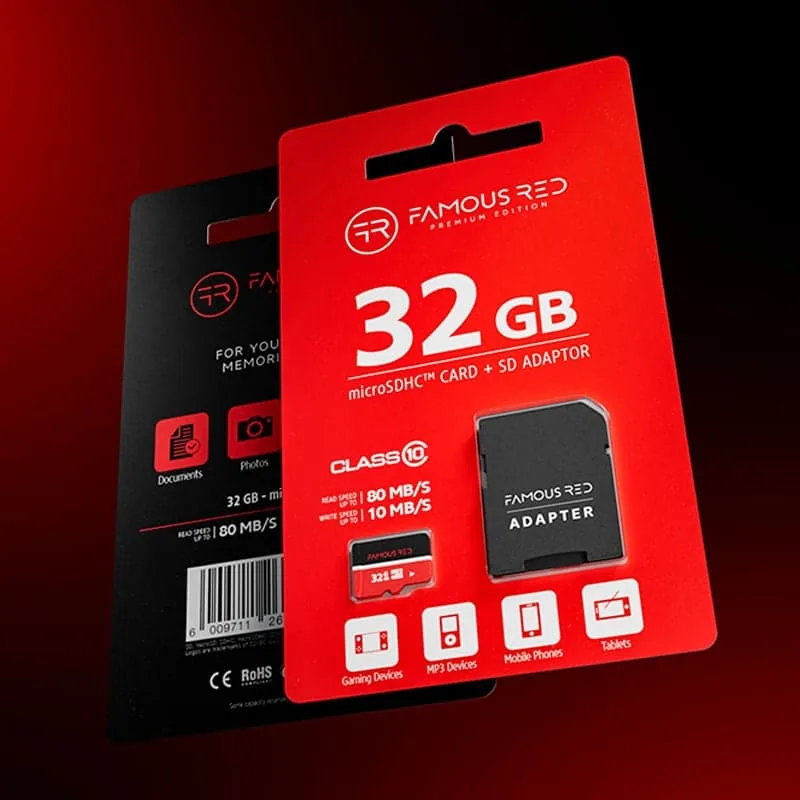 Famous Red 32GB SD memory card packaging
