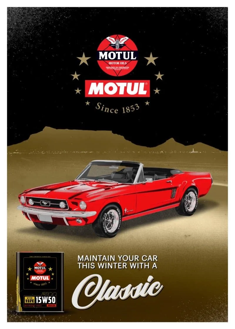 Motul Classic vintage poster with red Ford Mustang