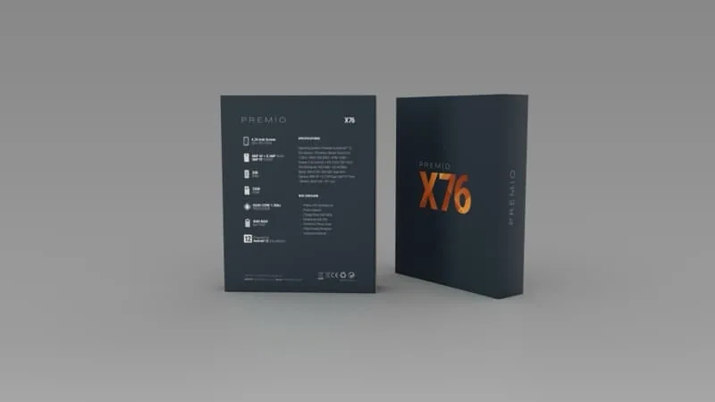 Premio X76 open box with phone and spec panel
