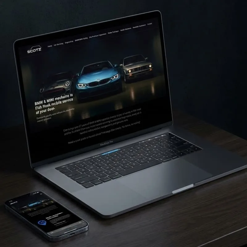 Scotz Auto Services custom HTML website — desktop layout with services and interactive map