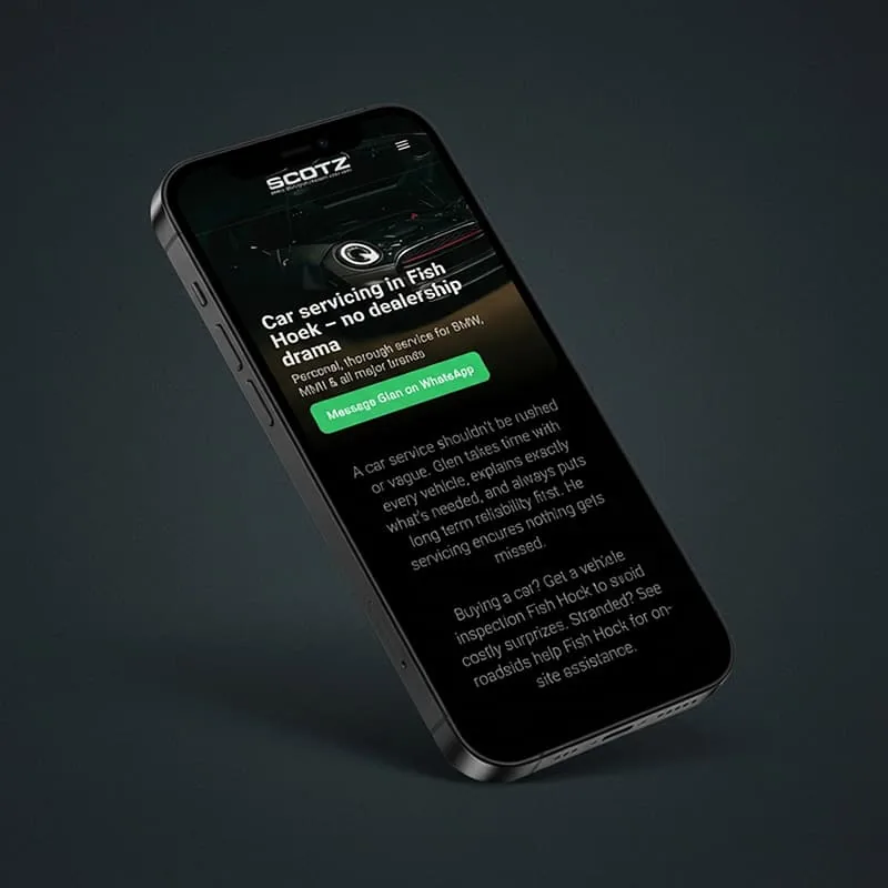 Scotz Auto Services mobile-responsive website — phone and tablet views