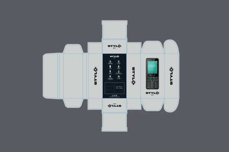 Stylo feature phone packaging die-cut layout