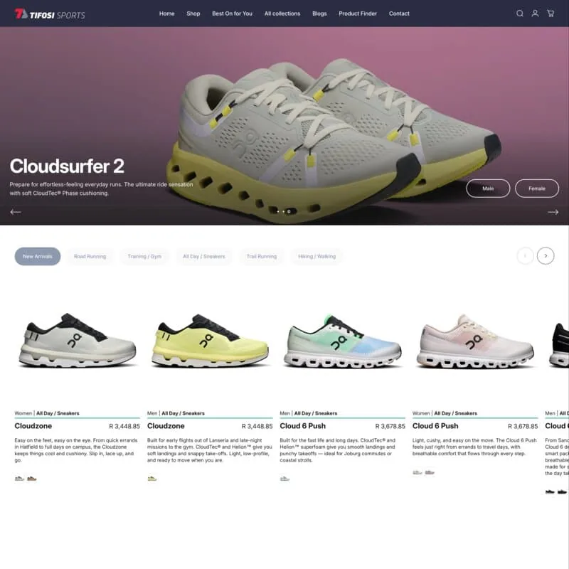 Tifosi Sports homepage with colour-coded shoe categories