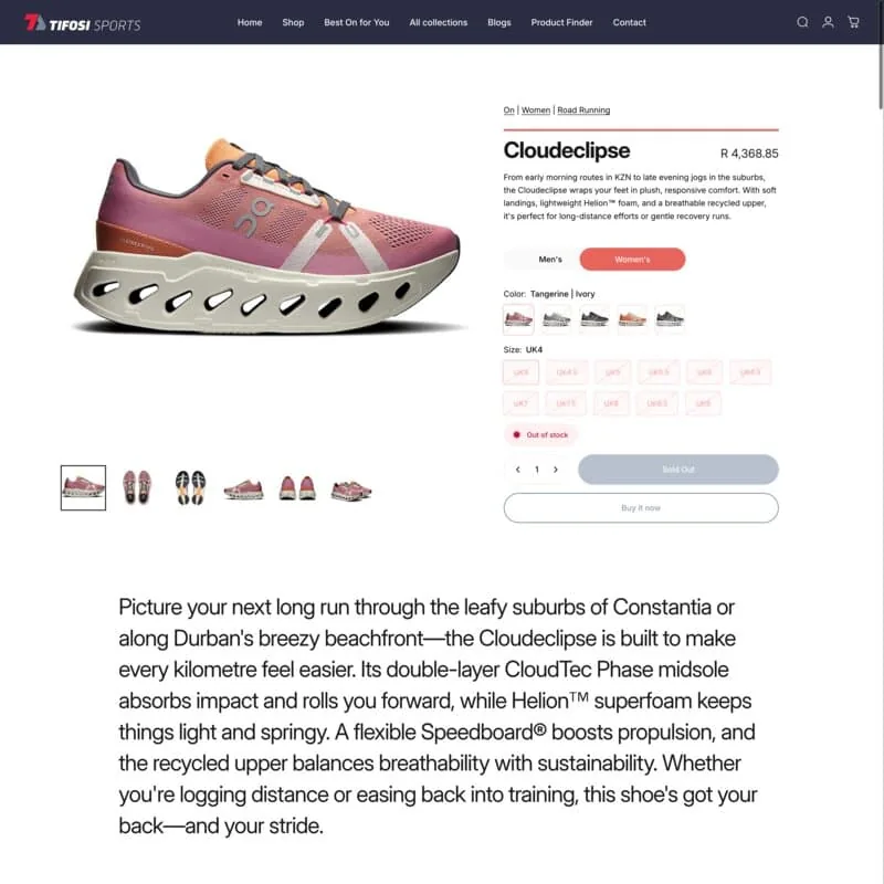 Tifosi Sports product page for On Cloudsurfer