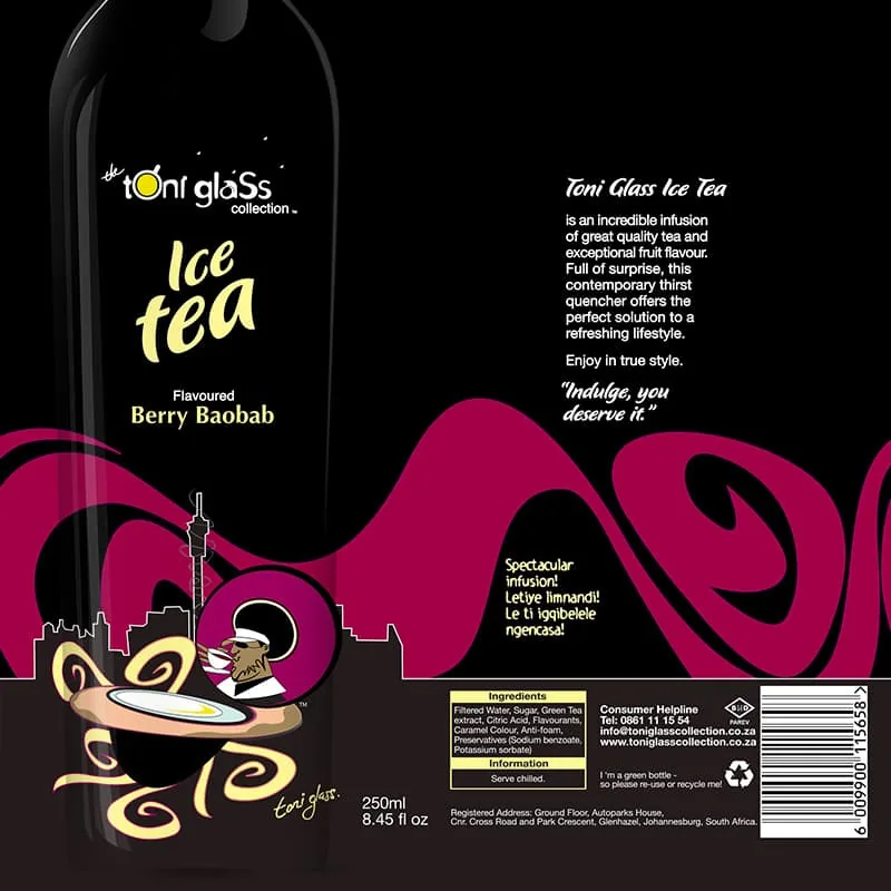 Toni Glass Berry Baobab iced tea label artwork