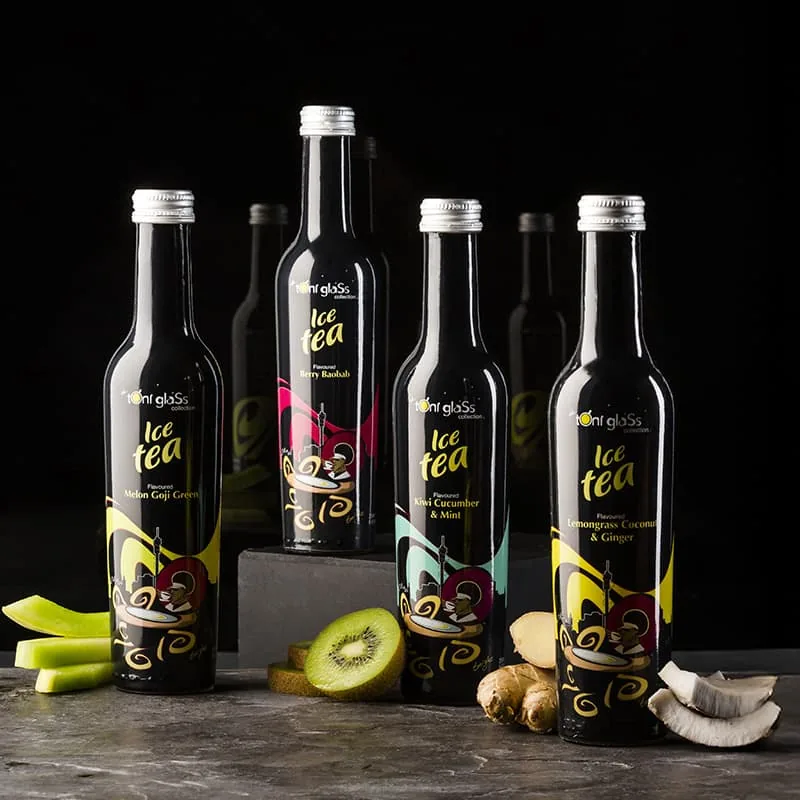 Toni Glass iced tea premium black glass bottles photograph